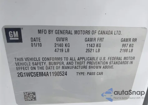 2010 Chevrolet Impala Ltz из США, поврежденный, VIN 2G1WC5EM4A1190524